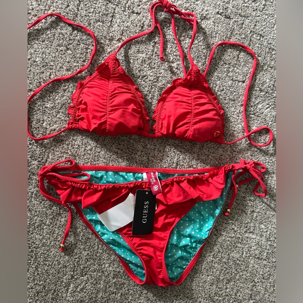 Guess NWT Red ruffle bling Logo string Bikini Set top~M Aus-12 bottoms large